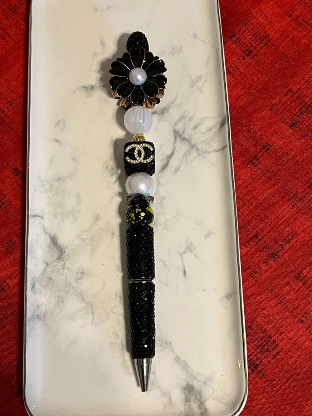 Extended rod Bling pen w/ fancy metal focal, fancy beads, inspired square bead,
